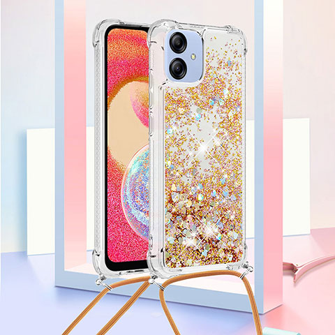 Funda Silicona Carcasa Goma Bling-Bling con Acollador Cordon Lanyard YB3 para Samsung Galaxy A04 4G Oro