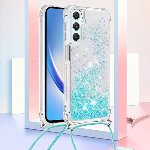 Funda Silicona Carcasa Goma Bling-Bling con Acollador Cordon Lanyard YB3 para Samsung Galaxy A24 4G Azul Cielo