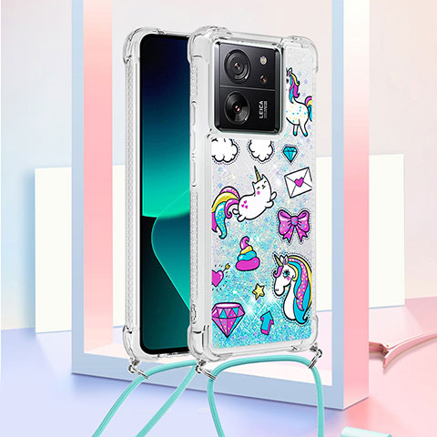 Funda Silicona Carcasa Goma Bling-Bling con Acollador Cordon Lanyard YB3 para Xiaomi Mi 13T Pro 5G Azul Cielo