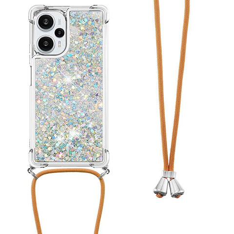 Funda Silicona Carcasa Goma Bling-Bling con Acollador Cordon Lanyard YB3 para Xiaomi Poco F5 5G Azul Claro