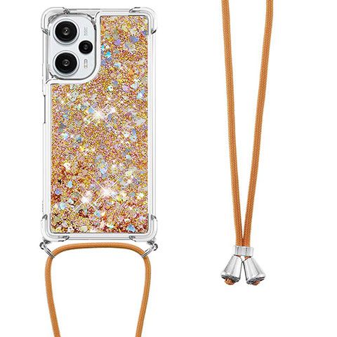 Funda Silicona Carcasa Goma Bling-Bling con Acollador Cordon Lanyard YB3 para Xiaomi Poco F5 5G Oro