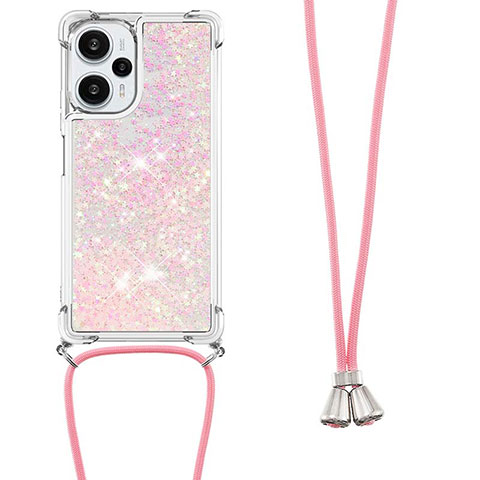 Funda Silicona Carcasa Goma Bling-Bling con Acollador Cordon Lanyard YB3 para Xiaomi Poco F5 5G Oro Rosa