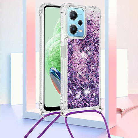 Funda Silicona Carcasa Goma Bling-Bling con Acollador Cordon Lanyard YB3 para Xiaomi Poco X5 5G Morado