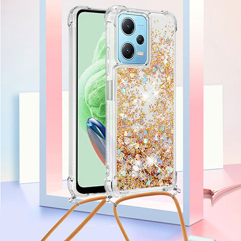 Funda Silicona Carcasa Goma Bling-Bling con Acollador Cordon Lanyard YB3 para Xiaomi Poco X5 5G Oro