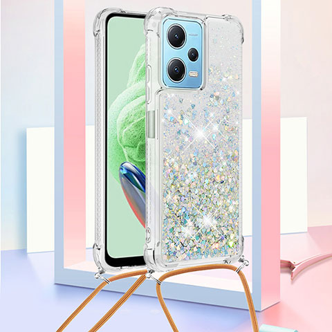 Funda Silicona Carcasa Goma Bling-Bling con Acollador Cordon Lanyard YB3 para Xiaomi Redmi Note 12 5G Azul Cielo