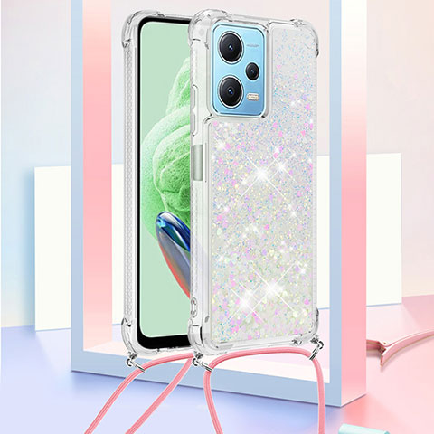 Funda Silicona Carcasa Goma Bling-Bling con Acollador Cordon Lanyard YB3 para Xiaomi Redmi Note 12 5G Plata