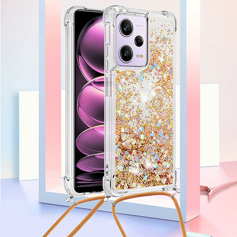 Funda Silicona Carcasa Goma Bling-Bling con Acollador Cordon Lanyard YB3 para Xiaomi Redmi Note 12 Pro 5G Oro