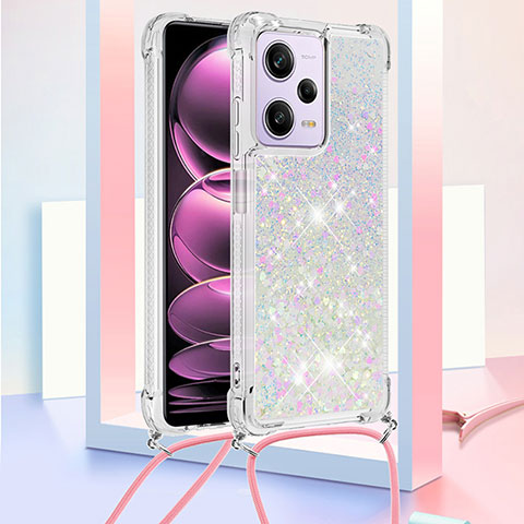 Funda Silicona Carcasa Goma Bling-Bling con Acollador Cordon Lanyard YB3 para Xiaomi Redmi Note 12 Pro 5G Plata