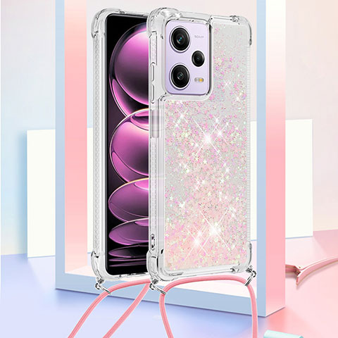 Funda Silicona Carcasa Goma Bling-Bling con Acollador Cordon Lanyard YB3 para Xiaomi Redmi Note 12 Pro 5G Rosa