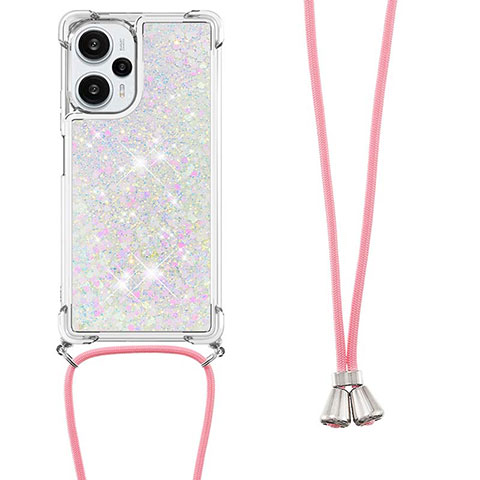 Funda Silicona Carcasa Goma Bling-Bling con Acollador Cordon Lanyard YB3 para Xiaomi Redmi Note 12 Turbo 5G Plata