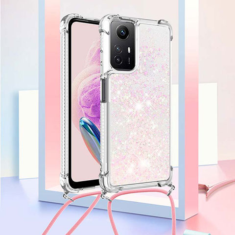 Funda Silicona Carcasa Goma Bling-Bling con Acollador Cordon Lanyard YB3 para Xiaomi Redmi Note 12S Oro Rosa