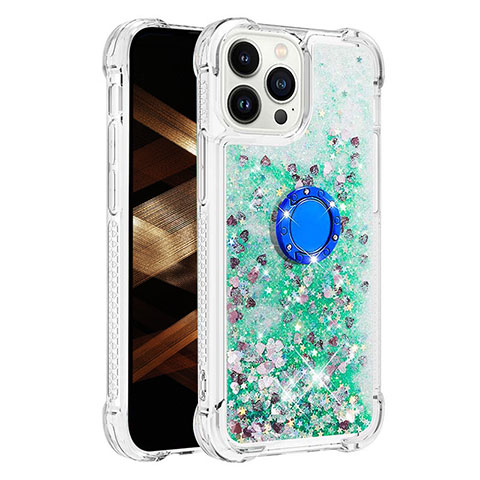 Funda Silicona Carcasa Goma Bling-Bling con Anillo de dedo Soporte S01 para Apple iPhone 13 Pro Verde