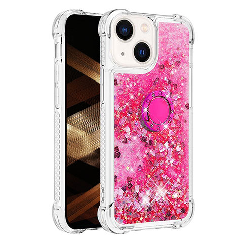 Funda Silicona Carcasa Goma Bling-Bling con Anillo de dedo Soporte S01 para Apple iPhone 15 Plus Rosa Roja