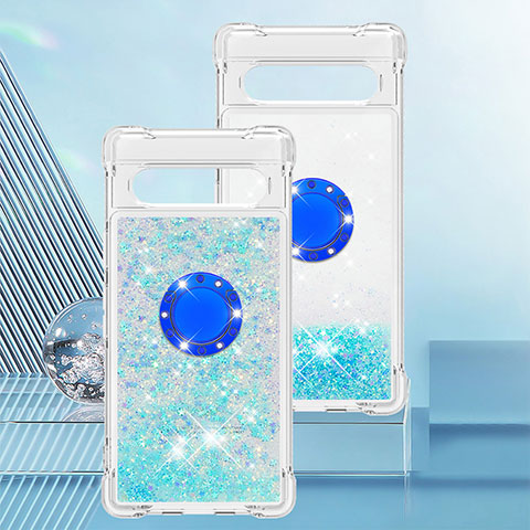 Funda Silicona Carcasa Goma Bling-Bling con Anillo de dedo Soporte S01 para Google Pixel 7a 5G Azul Cielo