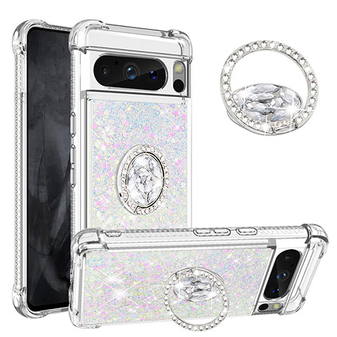 Funda Silicona Carcasa Goma Bling-Bling con Anillo de dedo Soporte S01 para Google Pixel 8 Pro 5G Rosa