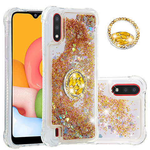 Funda Silicona Carcasa Goma Bling-Bling con Anillo de dedo Soporte S01 para Samsung Galaxy A01 SM-A015 Oro