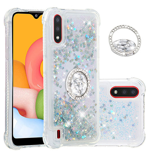 Funda Silicona Carcasa Goma Bling-Bling con Anillo de dedo Soporte S01 para Samsung Galaxy A01 SM-A015 Plata