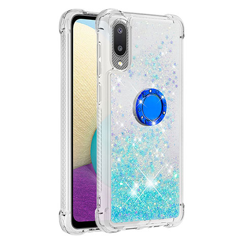 Funda Silicona Carcasa Goma Bling-Bling con Anillo de dedo Soporte S01 para Samsung Galaxy A02 Cian