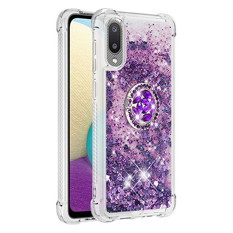 Funda Silicona Carcasa Goma Bling-Bling con Anillo de dedo Soporte S01 para Samsung Galaxy A02 Morado