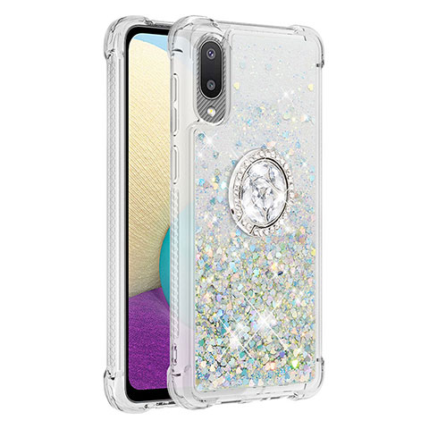 Funda Silicona Carcasa Goma Bling-Bling con Anillo de dedo Soporte S01 para Samsung Galaxy A02 Plata