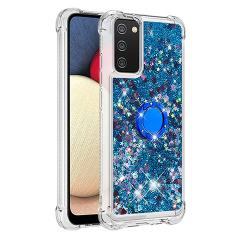 Funda Silicona Carcasa Goma Bling-Bling con Anillo de dedo Soporte S01 para Samsung Galaxy A02s Azul