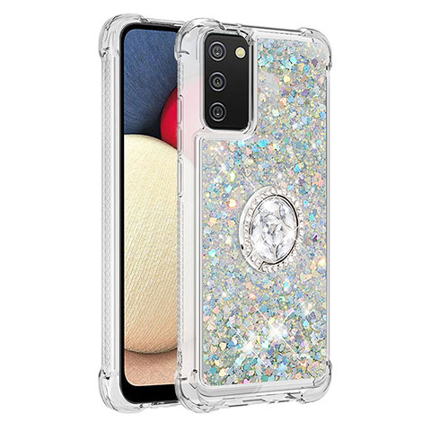 Funda Silicona Carcasa Goma Bling-Bling con Anillo de dedo Soporte S01 para Samsung Galaxy A03s Plata