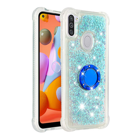 Funda Silicona Carcasa Goma Bling-Bling con Anillo de dedo Soporte S01 para Samsung Galaxy A11 Azul Cielo