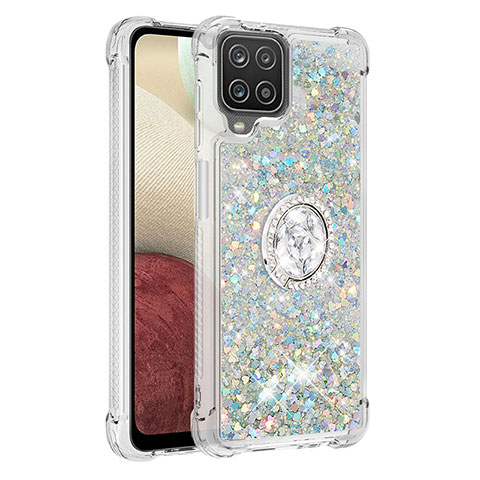 Funda Silicona Carcasa Goma Bling-Bling con Anillo de dedo Soporte S01 para Samsung Galaxy A12 5G Plata