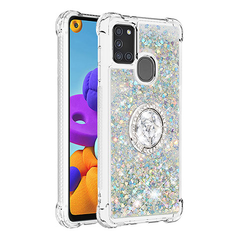 Funda Silicona Carcasa Goma Bling-Bling con Anillo de dedo Soporte S01 para Samsung Galaxy A21s Plata