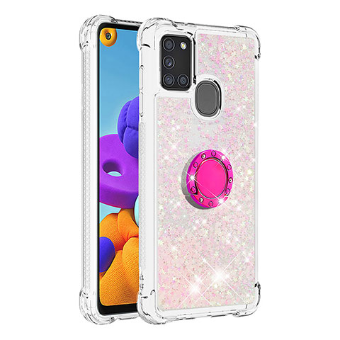 Funda Silicona Carcasa Goma Bling-Bling con Anillo de dedo Soporte S01 para Samsung Galaxy A21s Rosa