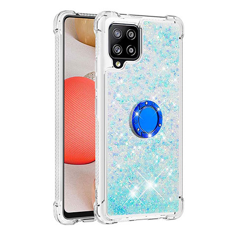 Funda Silicona Carcasa Goma Bling-Bling con Anillo de dedo Soporte S01 para Samsung Galaxy A42 5G Azul Cielo