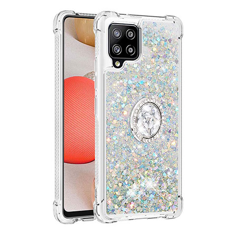 Funda Silicona Carcasa Goma Bling-Bling con Anillo de dedo Soporte S01 para Samsung Galaxy A42 5G Plata