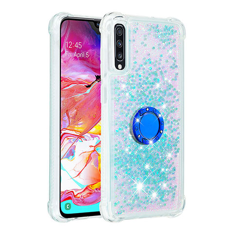 Funda Silicona Carcasa Goma Bling-Bling con Anillo de dedo Soporte S01 para Samsung Galaxy A70S Azul Cielo