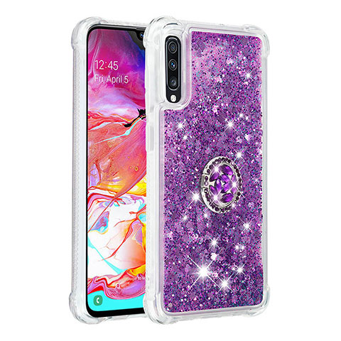 Funda Silicona Carcasa Goma Bling-Bling con Anillo de dedo Soporte S01 para Samsung Galaxy A70S Morado