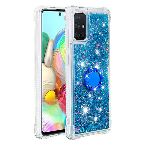 Funda Silicona Carcasa Goma Bling-Bling con Anillo de dedo Soporte S01 para Samsung Galaxy A71 4G A715 Azul