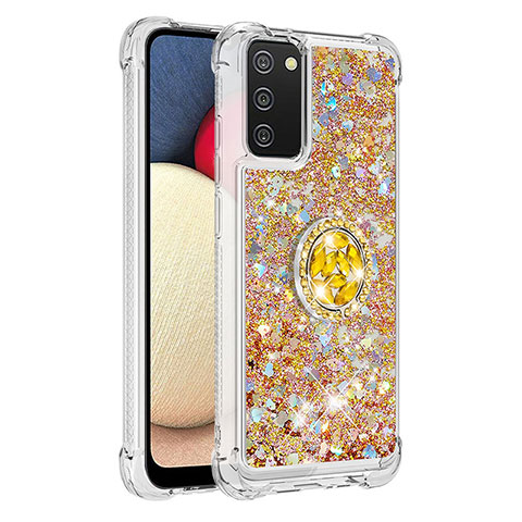 Funda Silicona Carcasa Goma Bling-Bling con Anillo de dedo Soporte S01 para Samsung Galaxy F02S SM-E025F Oro