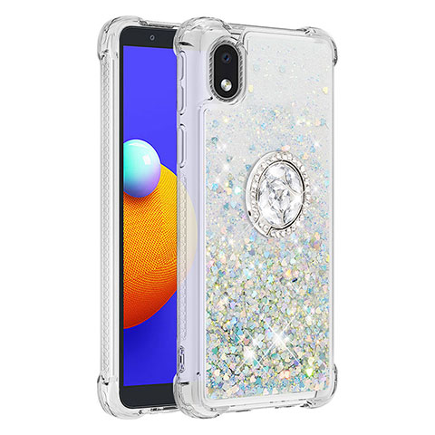 Funda Silicona Carcasa Goma Bling-Bling con Anillo de dedo Soporte S01 para Samsung Galaxy M01 Core Plata