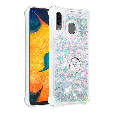 Funda Silicona Carcasa Goma Bling-Bling con Anillo de dedo Soporte S01 para Samsung Galaxy M10S Plata