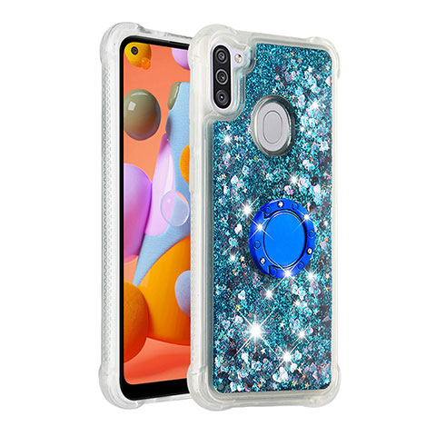 Funda Silicona Carcasa Goma Bling-Bling con Anillo de dedo Soporte S01 para Samsung Galaxy M11 Azul