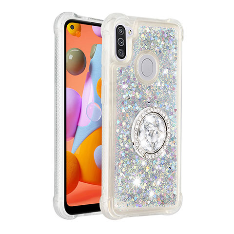 Funda Silicona Carcasa Goma Bling-Bling con Anillo de dedo Soporte S01 para Samsung Galaxy M11 Plata