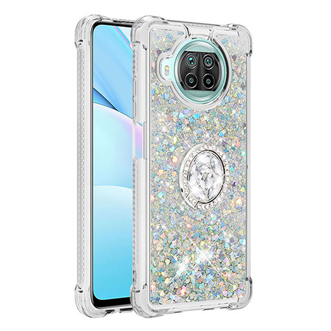 Funda Silicona Carcasa Goma Bling-Bling con Anillo de dedo Soporte S01 para Xiaomi Mi 10i 5G Plata