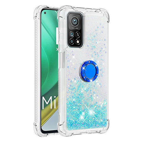 Funda Silicona Carcasa Goma Bling-Bling con Anillo de dedo Soporte S01 para Xiaomi Mi 10T 5G Azul Cielo