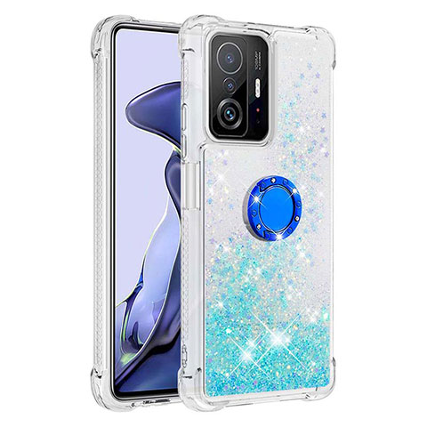 Funda Silicona Carcasa Goma Bling-Bling con Anillo de dedo Soporte S01 para Xiaomi Mi 11T 5G Azul Cielo