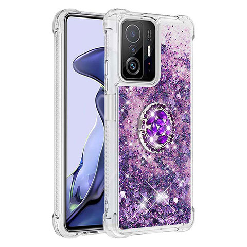 Funda Silicona Carcasa Goma Bling-Bling con Anillo de dedo Soporte S01 para Xiaomi Mi 11T 5G Morado