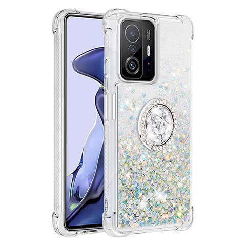 Funda Silicona Carcasa Goma Bling-Bling con Anillo de dedo Soporte S01 para Xiaomi Mi 11T Pro 5G Plata