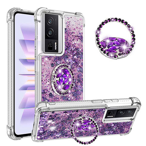 Funda Silicona Carcasa Goma Bling-Bling con Anillo de dedo Soporte S01 para Xiaomi Poco F5 Pro 5G Morado