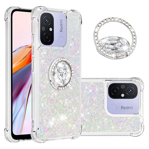 Funda Silicona Carcasa Goma Bling-Bling con Anillo de dedo Soporte S01 para Xiaomi Redmi 12C 4G Plata