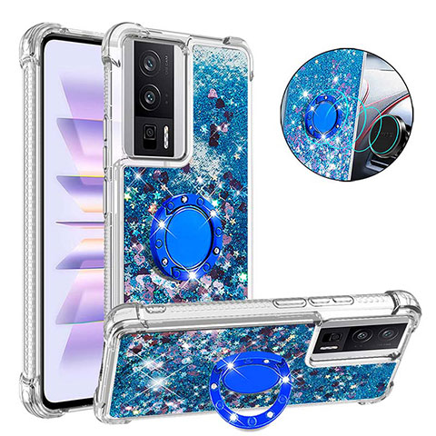 Funda Silicona Carcasa Goma Bling-Bling con Anillo de dedo Soporte S01 para Xiaomi Redmi K60 5G Azul