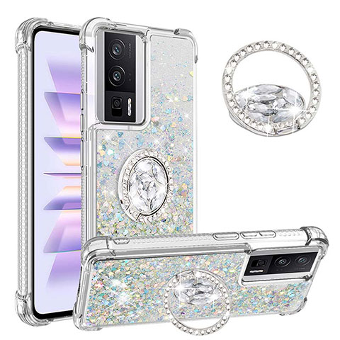 Funda Silicona Carcasa Goma Bling-Bling con Anillo de dedo Soporte S01 para Xiaomi Redmi K60 5G Azul Cielo