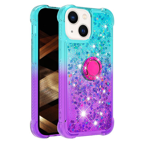 Funda Silicona Carcasa Goma Bling-Bling con Anillo de dedo Soporte S02 para Apple iPhone 13 Azul Cielo